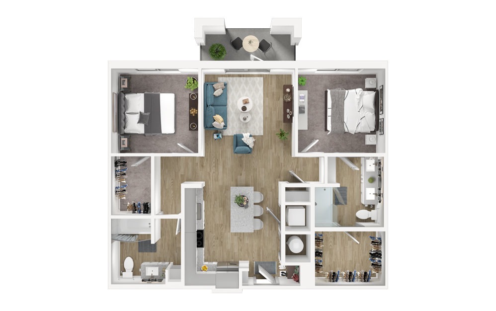 B1 - 2 bedroom floorplan layout with 2 baths and 1038 square feet.