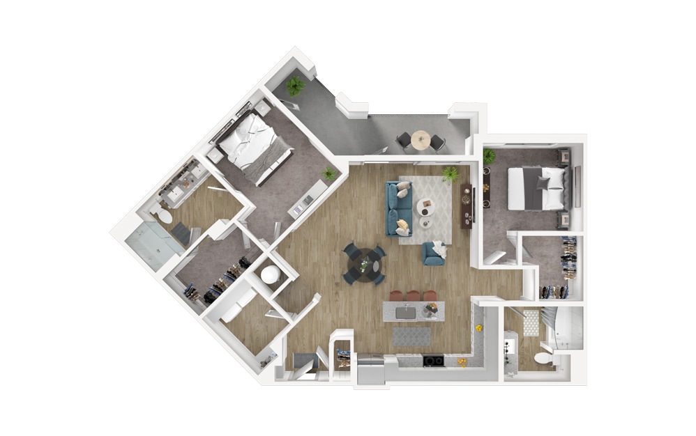 B4 - 2 bedroom floorplan layout with 2 baths and 1266 square feet.