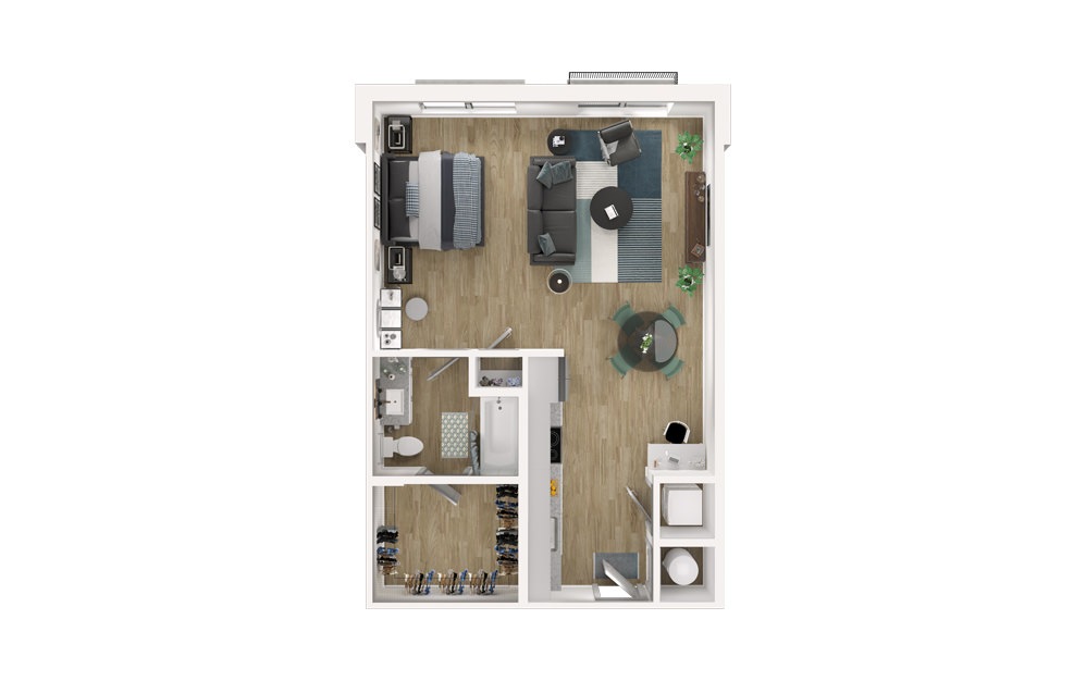 S1 - Studio floorplan layout with 1 bath and 728 square feet.